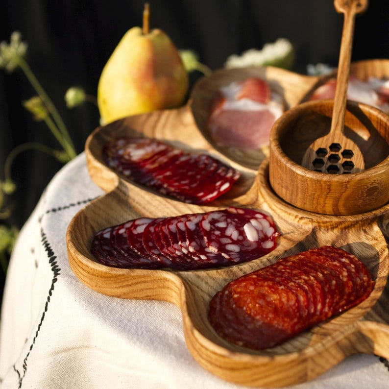 Appetizer Plate for Summer Picnics and BBQ, Rustic Snack Wooden Dish with Sections and Dip Bowl, Outdoor Charcuterie Serving Tray Gift
